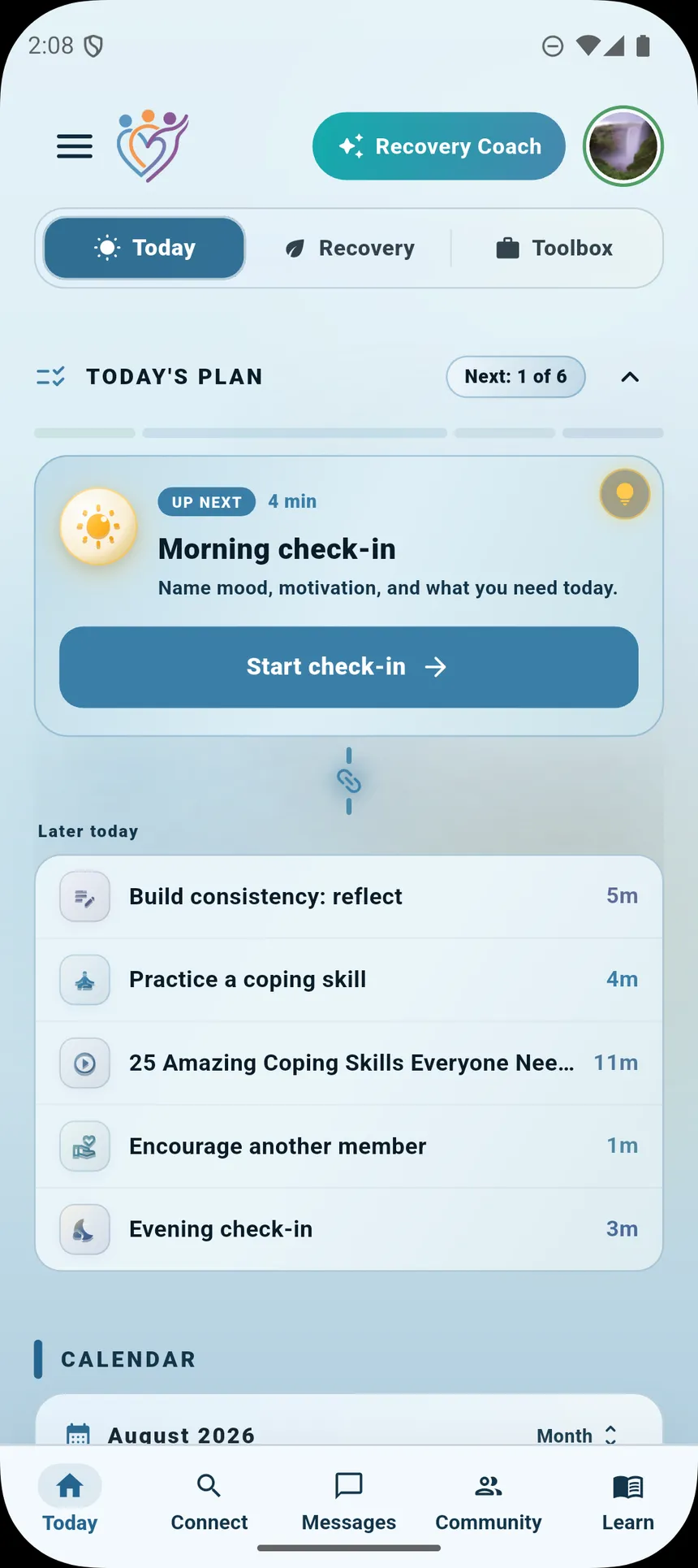 Today's Plan screen showing the morning check-in, planned recovery activities, and calendar