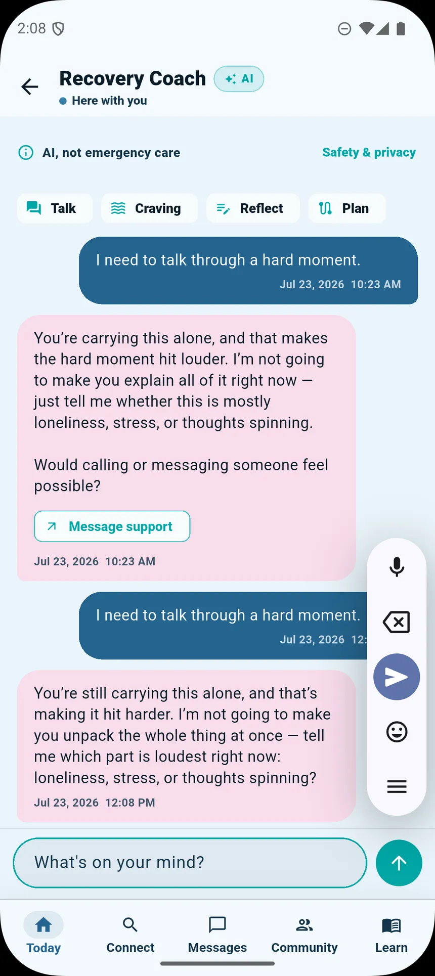 Recovery Coach conversation with supportive prompts, Talk, Craving, Reflect, and Plan actions