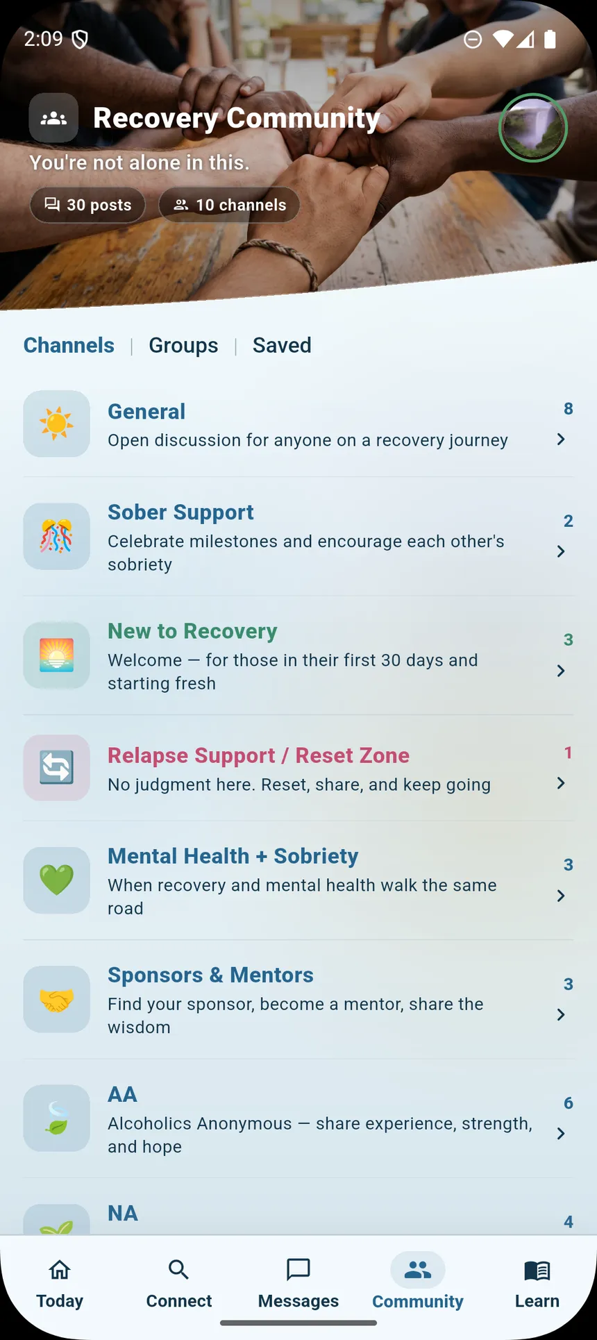 Recovery Community screen showing recovery channels, groups, and saved spaces
