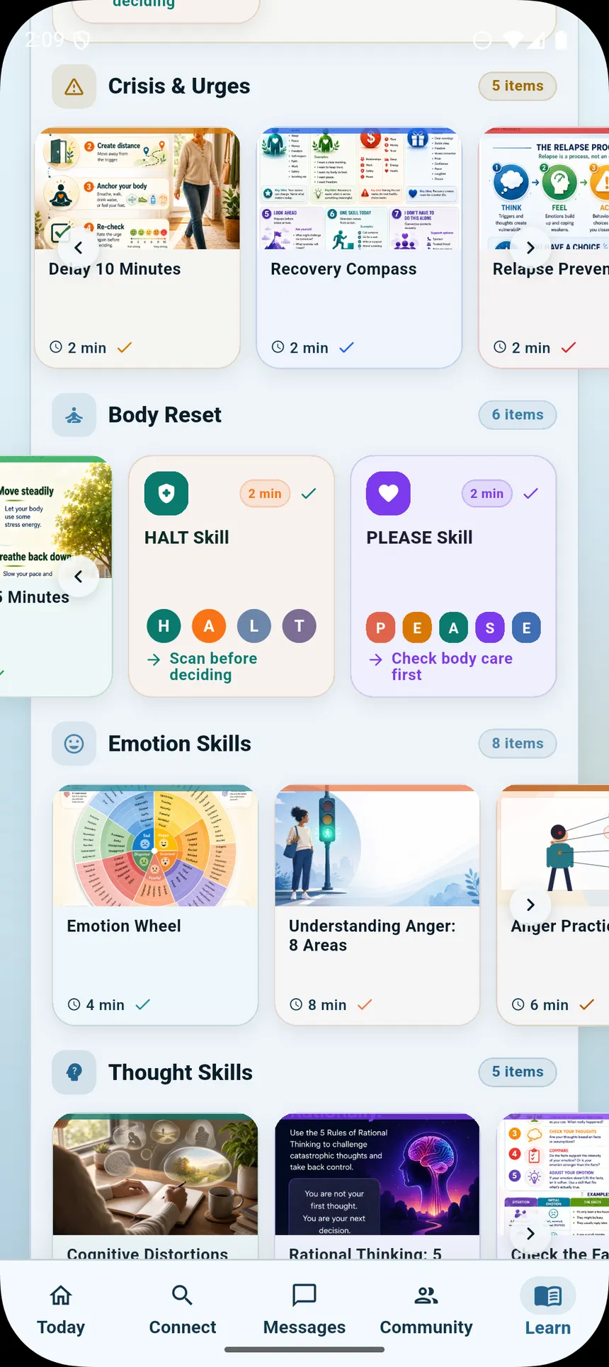 Learn tab showing recovery skill guides, articles, exercises, and videos