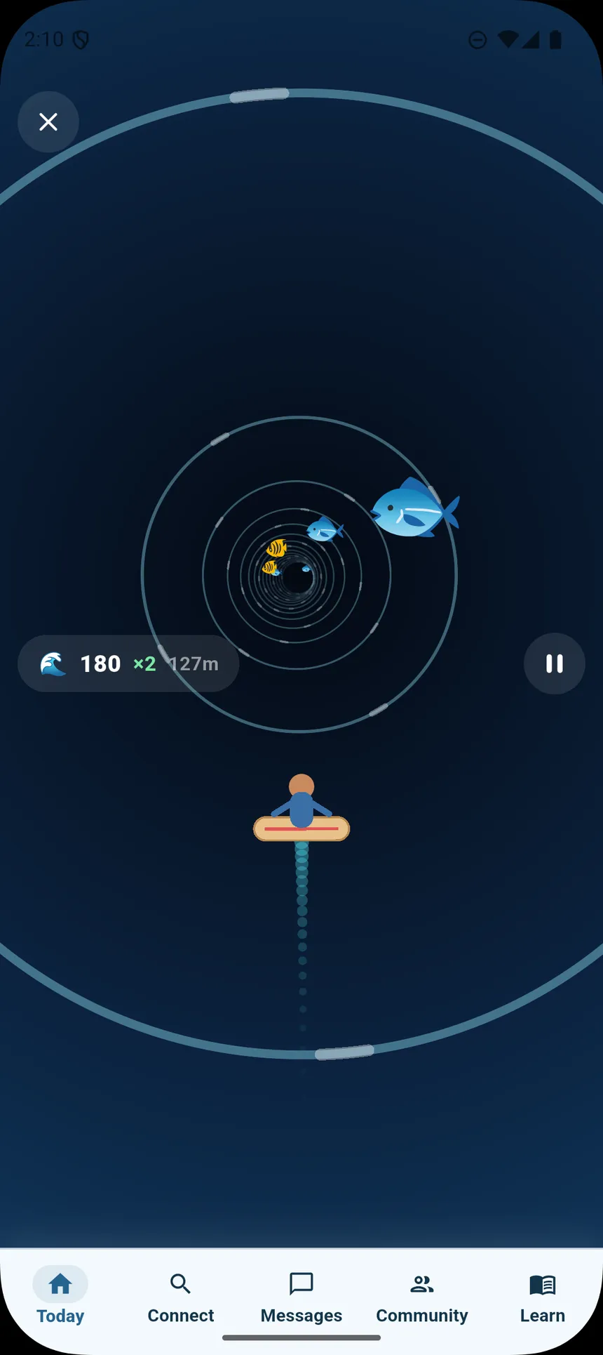 Wave Rider screen showing a dark ocean-like urge surfing practice with a pause button
