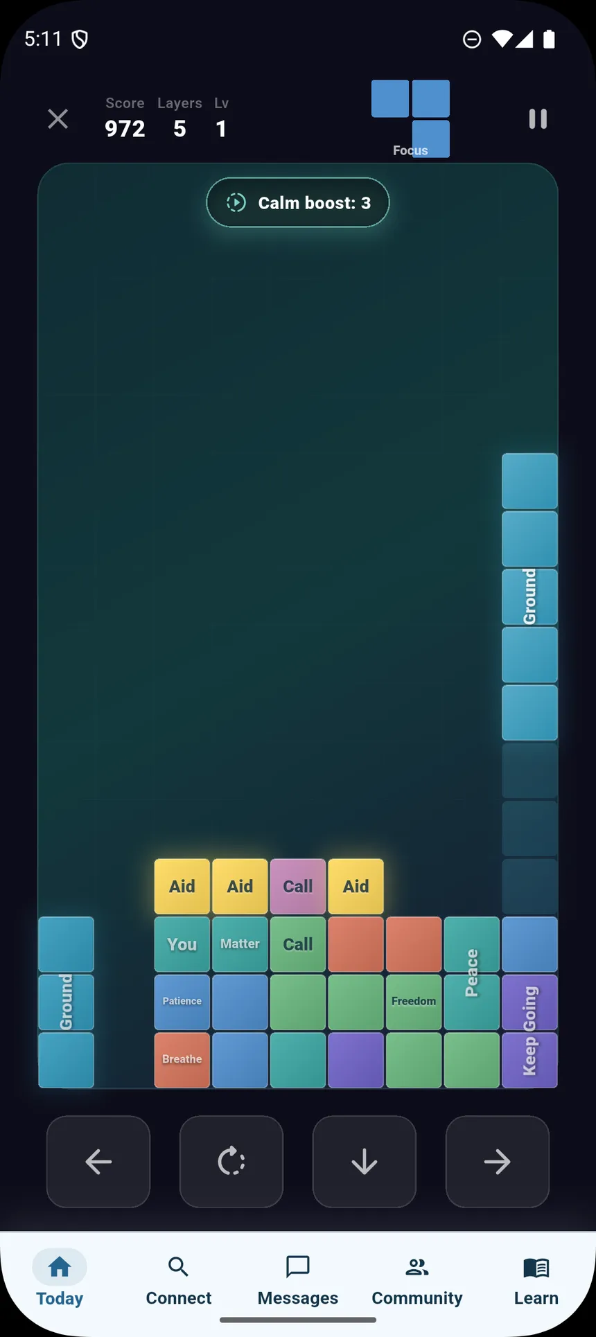 Recovery Blocks game screen with a focus target, calm boost, and falling blocks