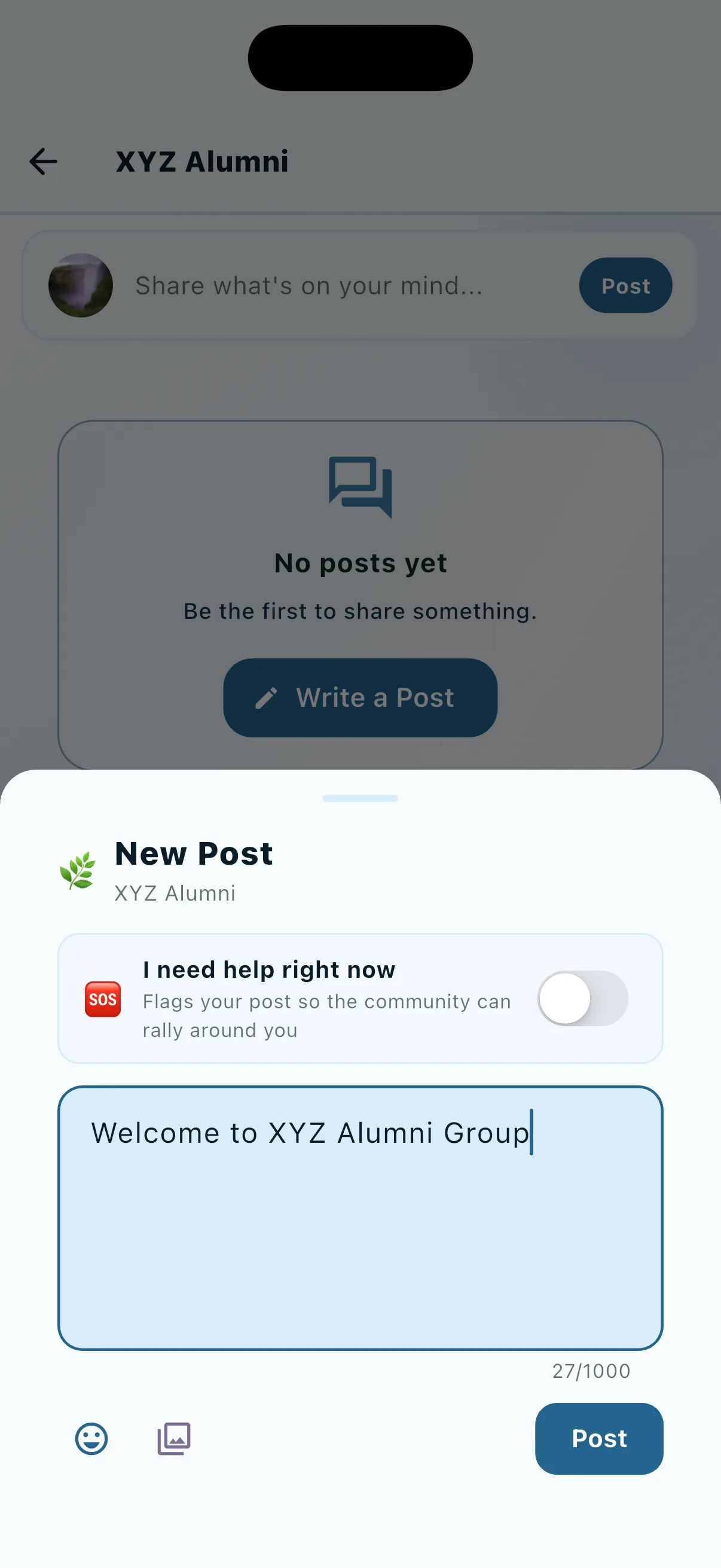 A private XYZ Alumni group with a new post composer